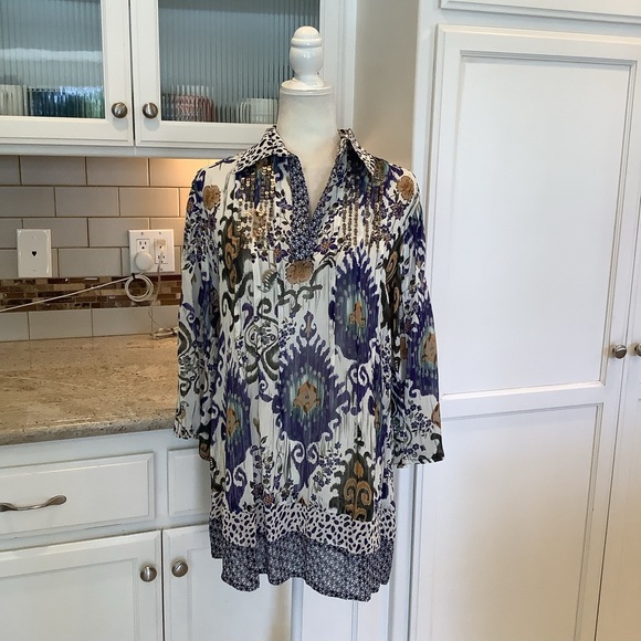Harold's Blue and White Patterned Blouse Tunic Top Size Medium - Picture 1 of 8